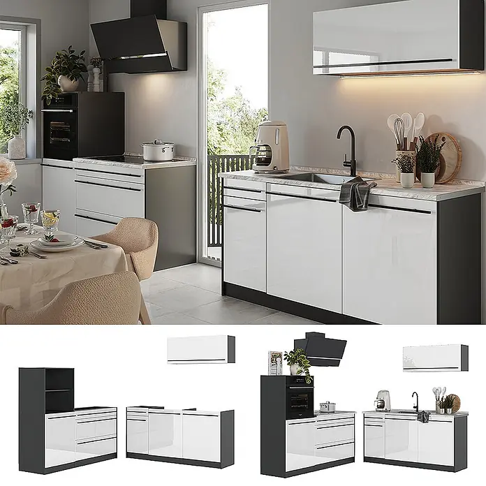 Küchenzeile R-Line 160 cm Weiß Hochglanz Art.-Nr. 66126 -  - Modulare Küchenzeile mit glänzend weißen Fronten und dunkelgrauen Elementen, inklusive Backofen, Kochfeld, Dunstabzugshaube und Spüle.