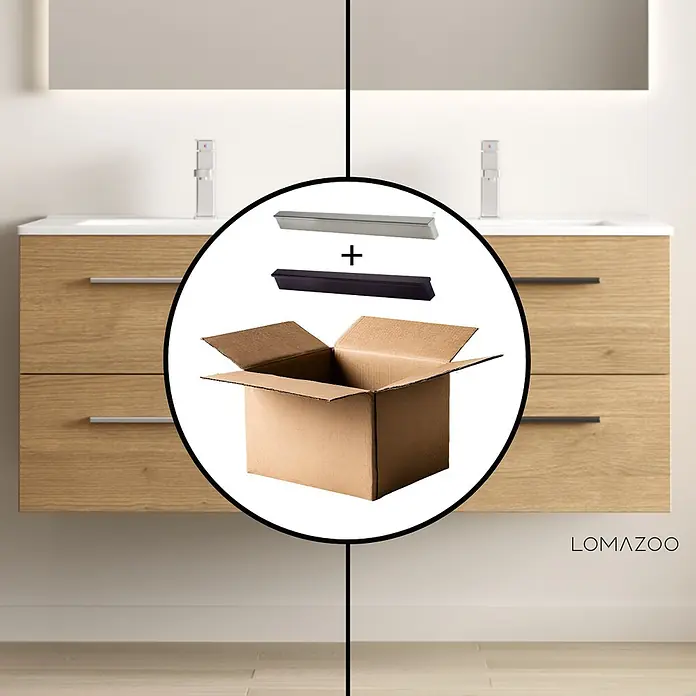 LOMAZOO Badmöbel Valeno 140 cm Eiche hell, Doppelwaschbecken Weiß -  - Moderner Badwaschtisch mit Waschbecken, dazu silberne und schwarze austauschbare Griffe und eine Box.
