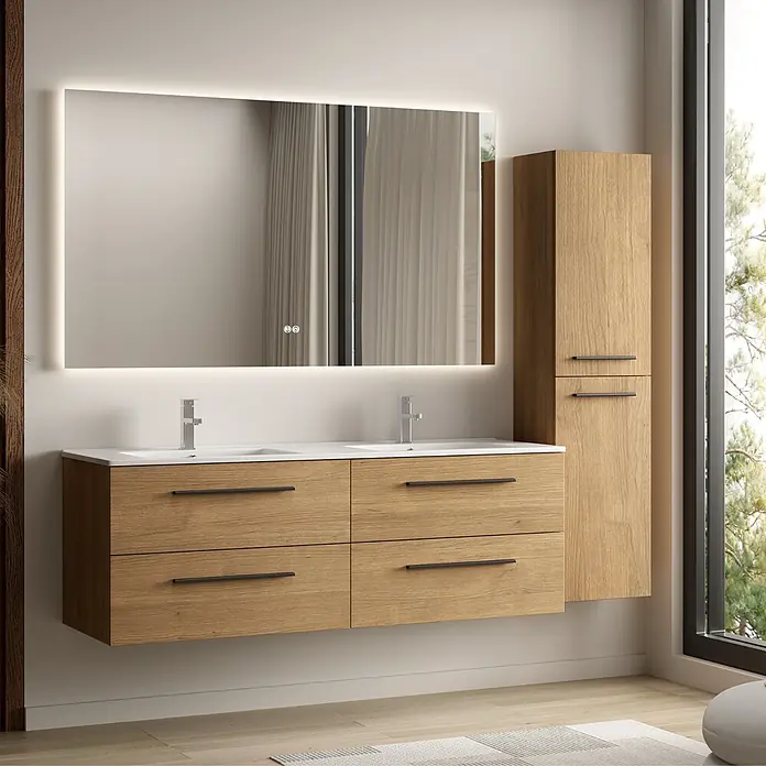 LOMAZOO Badmöbel Valeno 140 cm Eiche hell, Doppelwaschbecken Weiß -  - Moderner Doppelwaschtisch aus hellem Holz mit integrierten Becken, beleuchtetem Spiegel und hohem Hochschrank.