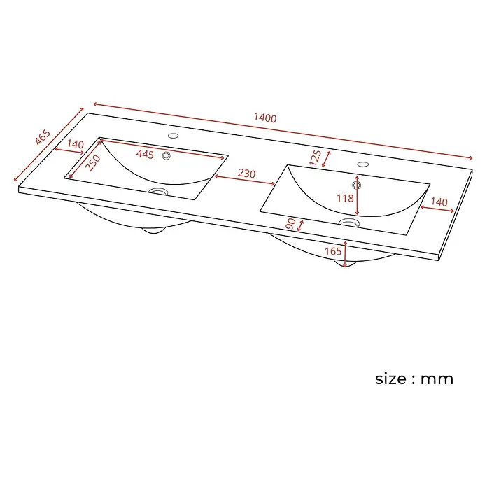 LOMAZOO Badmöbel Valeno 140 cm Eiche hell, Doppelwaschbecken Weiß -  - Weiße Doppelwaschtischplatte mit integrierten Becken und detaillierten Maßen.