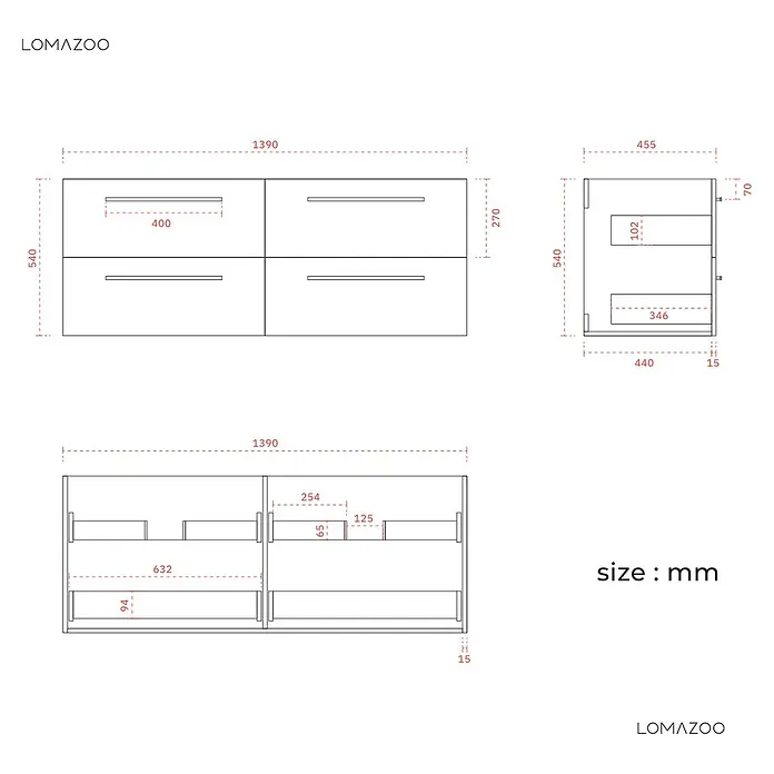 LOMAZOO Badmöbel Valeno 140 cm Eiche hell, Doppelwaschbecken Weiß -  - Technische Zeichnung eines vierschübigen Wandkastens mit Vorder-, Seiten- und Innenmaßen.