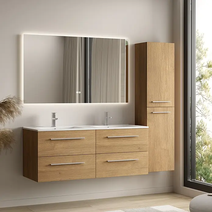 LOMAZOO Hochschrank Lanello 140 cm Eiche hell -  - Doppelwaschtisch in Holzoptik mit zwei Waschbecken, vier Schubladen, beleuchtetem Spiegel und hohem Aufbewahrungsschrank.