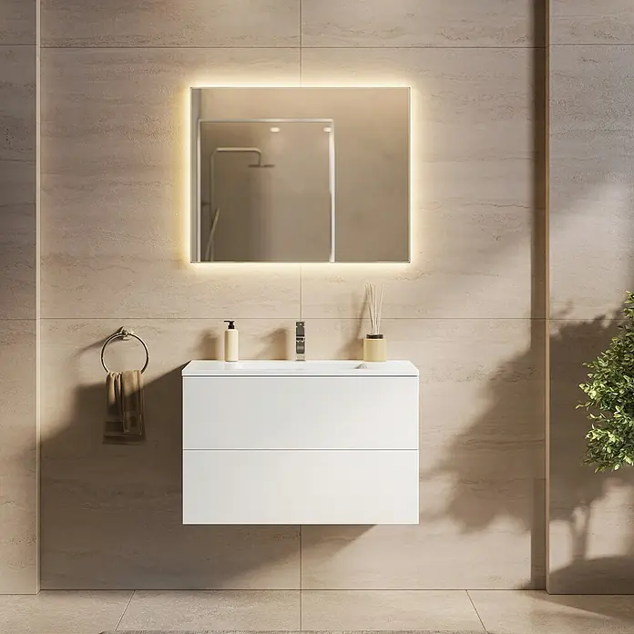 LOMAZOO Badmöbel Nineo 80 cm Weiß glänzend, Waschbecken Weiß -  - Weißer wandmontierter Waschtisch mit integriertem Becken und Armatur, beleuchteter Spiegel in modernem Bad.