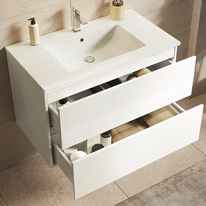 LOMAZOO Badmöbel Nineo 80 cm Weiß glänzend, Waschbecken Weiß -  - Weißer Wandwaschtischunterschrank mit integriertem Waschbecken und Chromarmatur, zwei offene Schubladen mit Pflegeprodukten und Handtüchern.