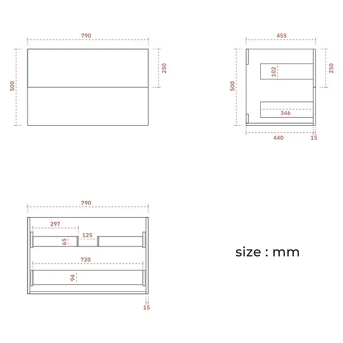 LOMAZOO Badmöbel Nineo 80 cm Weiß glänzend, Waschbecken Weiß -  - Technische Zeichnung eines 790x500x455 mm Schranks mit internen Fächern und Schubladen.