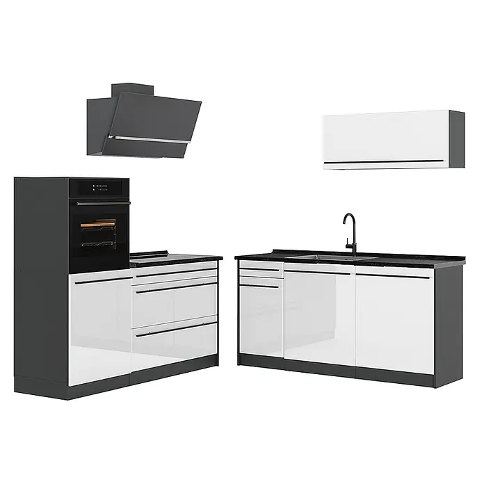 Küchenzeile R-Line 160 cm Weiß Hochglanz Art.-Nr. 66126 -  - Moderne Küchenzeile in Dunkelgrau und Hochglanzweiß mit integriertem Backofen, Spüle und Dunstabzugshaube.