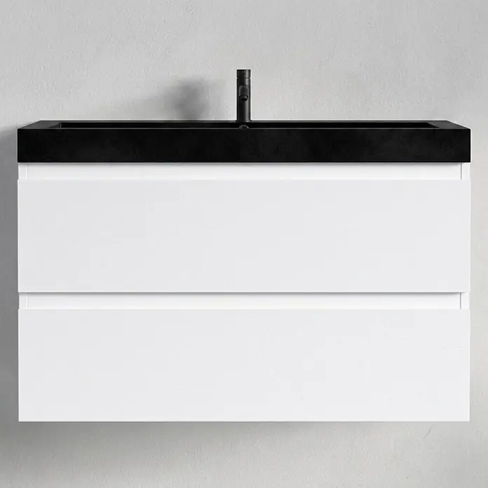 LOMAZOO Badmöbel-Set Avalon 80 cm Weiß glänzend, Waschbecken Schwarz -  - Wandhängender Waschtischunterschrank mit schwarzem integriertem Waschbecken und weißen Schubladen.