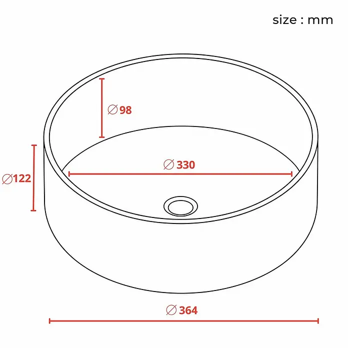 LOMAZOO Badmöbel Alira 120 cm Eiche hell, 2 runde Aufsatzwaschbecken -  - Technische Zeichnung eines runden Beckens mit Maßen in Millimetern.