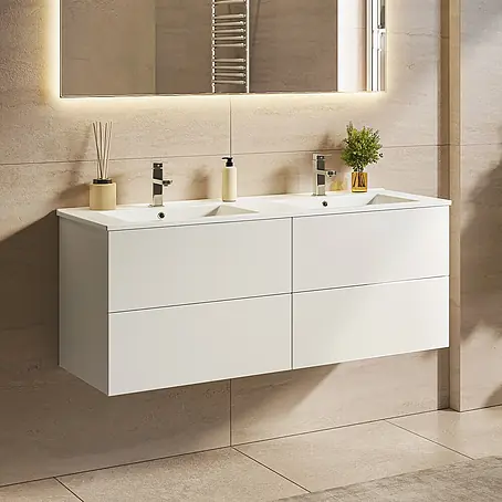 LOMAZOO Badmöbel Nineo 120 cm Weiß glänzend, Doppelwaschbecken Weiß