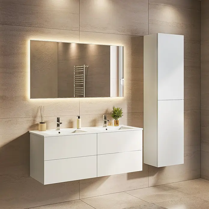 LOMAZOO Badmöbel Nineo 120 cm Weiß glänzend, Doppelwaschbecken Weiß -  - Moderner weißer Doppelwaschtisch und Hochschrank mit beleuchtetem Spiegel.