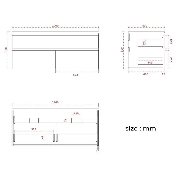 LOMAZOO Badmöbel Alira 120 cm Eiche hell, 2 eckige Aufsatzwaschbecken -  - Detaillierter Bauplan eines 1200x510x500mm Waschtischunterschranks mit mehreren Schubladen und Innenfächern, Maße in mm.