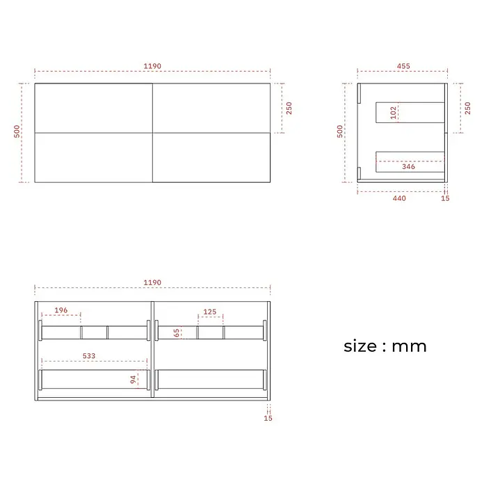 LOMAZOO Badmöbel Nineo 120 cm Weiß glänzend, Doppelwaschbecken Weiß -  - Technische Zeichnung eines modularen Aufbewahrungsschranks mit Fächern und Regalen, Maße in Millimetern.