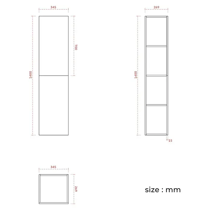 LOMAZOO Badmöbel-Set Nuvano 80 cm Weiß glänzend, Waschbecken Weiß -  - Technische Zeichnung eines modularen Wandschranks mit Regalböden, Vorder-, Seiten- und Draufsicht mit Maßen.