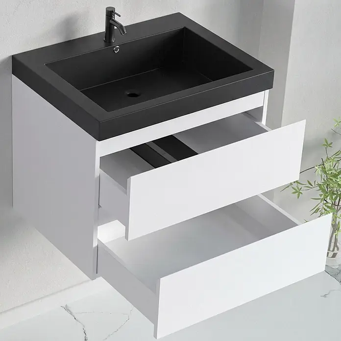 LOMAZOO Badmöbel Monaco 60 cm Weiß glänzend, Waschbecken Schwarz -  - Weißer wandmontierter Badezimmerunterschrank mit schwarzem Waschbecken und zwei geöffneten Schubladen.