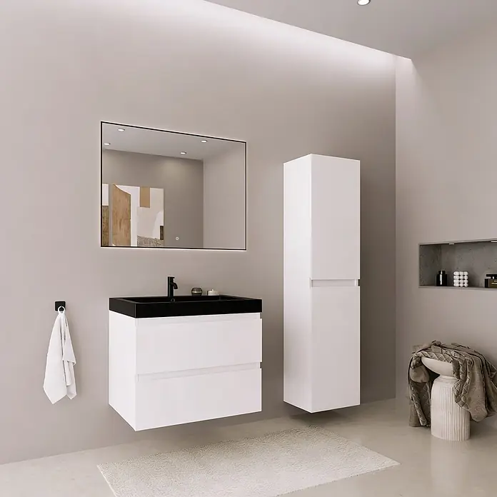 LOMAZOO Badmöbel-Set Avalon 60 cm Weiß glänzend, Waschbecken Schwarz -  - Modernes Badezimmer mit weißem schwebendem Waschtisch, schwarzem integriertem Waschbecken, passendem Hochschrank und rechteckigem hintergrundbeleuchteten Spiegel.