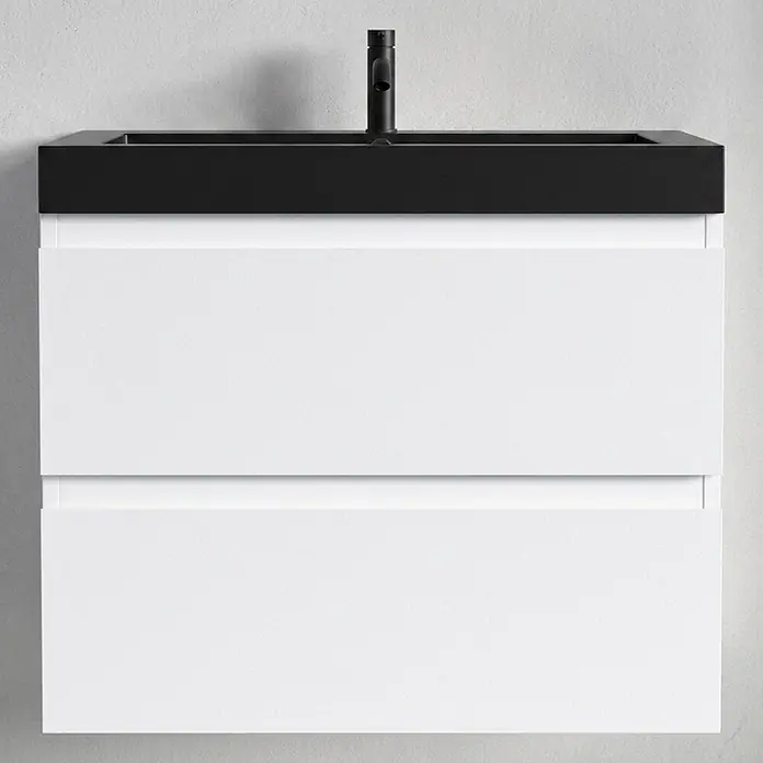 LOMAZOO Badmöbel Monaco 60 cm Weiß glänzend, Waschbecken Schwarz -  - Moderner Wandwaschtisch mit schwarzem integriertem Waschbecken, Armatur und zwei weißen Schubladen.