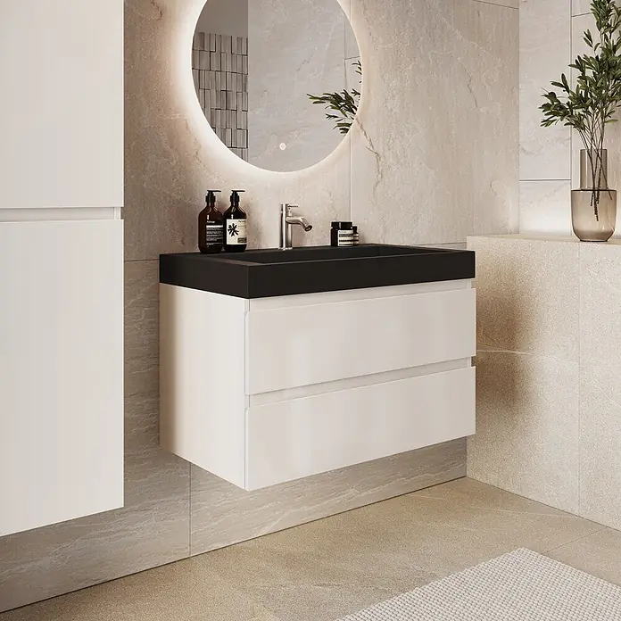 LOMAZOO Badmöbel Zarivo 80 cm Weiß glänzend, Waschbecken Schwarz -  - Moderner schwebender Badezimmerschrank mit schwarzem Waschbecken und weißem Zweischubladenschrank.