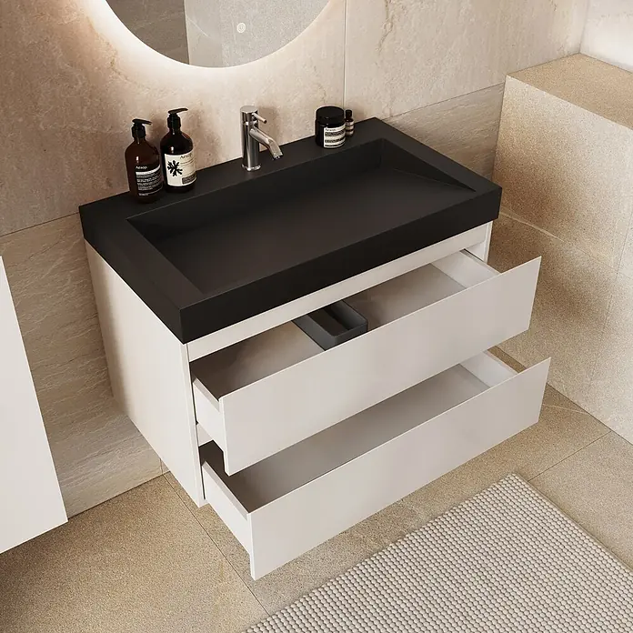 LOMAZOO Badmöbel Zarivo 80 cm Weiß glänzend, Waschbecken Schwarz -  - Weißer Badezimmerschrank mit schwarzem Waschbecken. Zwei Schubladen sind offen und zeigen praktischen Stauraum.