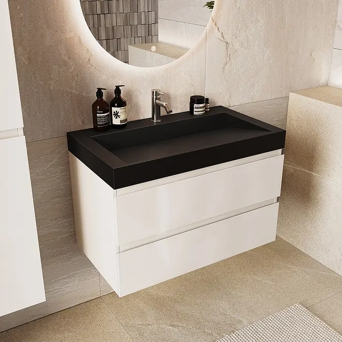 LOMAZOO Badmöbel Zarivo 80 cm Weiß glänzend, Waschbecken Schwarz -  - Schwarzes Waschbecken auf einem weißen schwebenden Badmöbel mit zwei Schubladen.