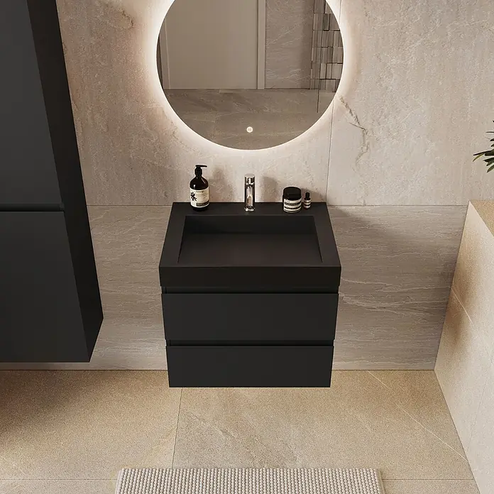LOMAZOO Badmöbel Zarivo 60 cm Schwarz matt, Waschbecken Schwarz -  - Schwarzer Badschrank mit integriertem Waschbecken und beleuchtetem Spiegel in modern gefliestem Bad.