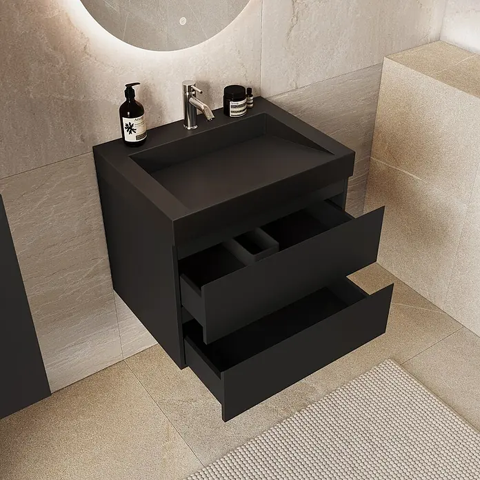 LOMAZOO Badmöbel Zarivo 60 cm Schwarz matt, Waschbecken Schwarz -  - Schwarzer wandmontierter Badschrank mit integriertem Waschbecken und zwei offenen Schubladen in einem modernen Bad.