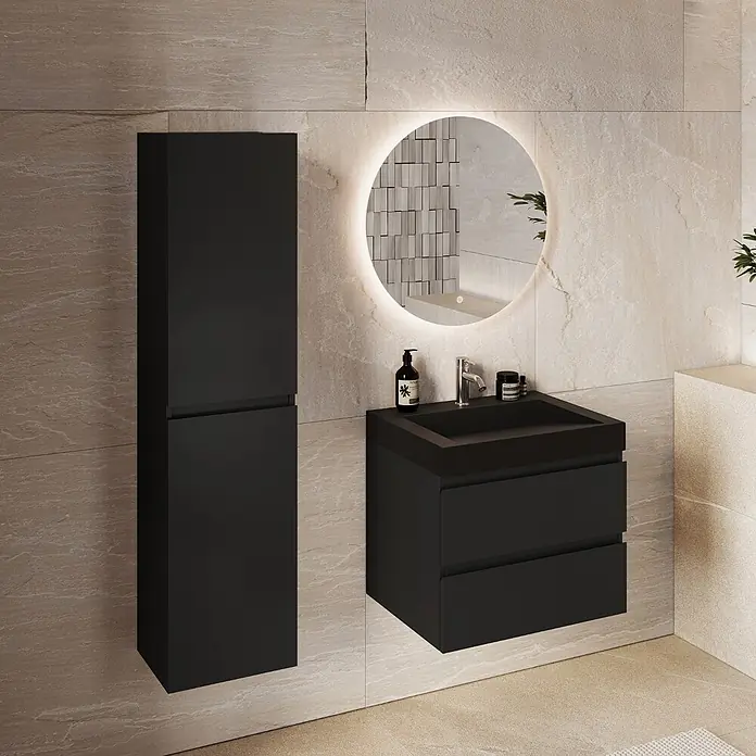 LOMAZOO Badmöbel Zarivo 60 cm Schwarz matt, Waschbecken Schwarz -  - Moderner schwarzer Badschrank mit zwei Schubladen und passendem Hochschrank in einem minimalistischen Badezimmer.