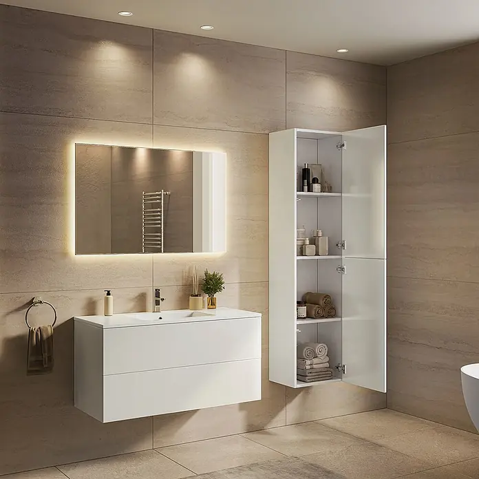 LOMAZOO Badmöbel-Set Nuvano 100 cm Weiß glänzend, Waschbecken Weiß -  - Moderne weiße schwimmende Waschtischkombination mit Becken, beleuchtetem Spiegel und hohem Wandschrank.