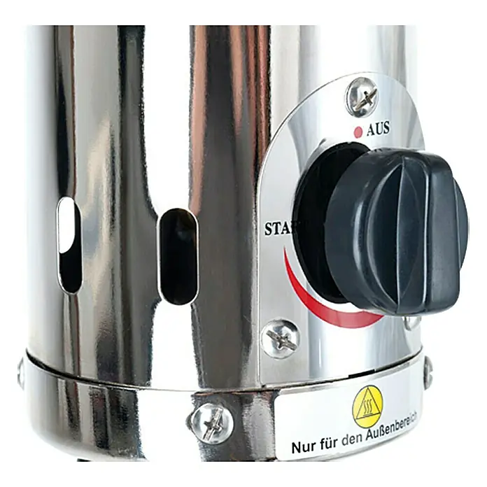 Enders Estufa de exterior Elegance - Potencia calorífica: 3,5 kW - 8 kW, Altura: 218 cm - Primer plano de un encendedor de carbón de acero inoxidable con botón de control de inicio/parada y una advertencia "Sólo para uso exterior".