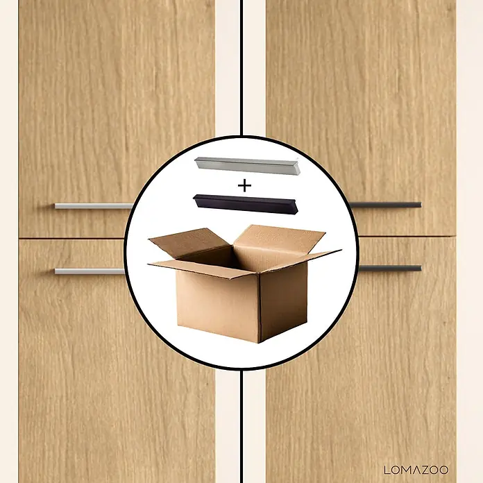 LOMAZOO Hochschrank Lanello 140 cm Eiche hell -  - Griffe in Grau und Schwarz an Holzschränken. Eine Überlagerung zeigt verschiedene Grifffarben und eine Schachtel.
