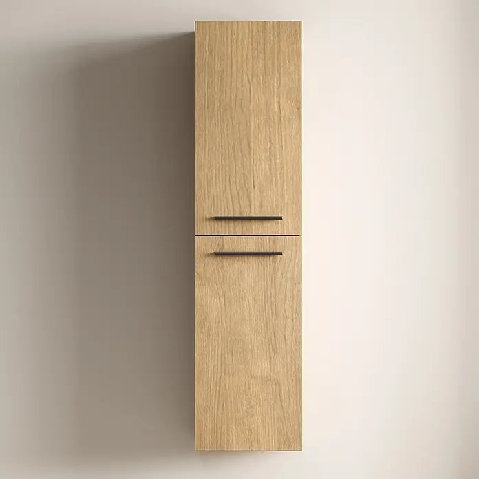 LOMAZOO Hochschrank Lanello 140 cm Eiche hell -  - Hoher, schmaler Schrank aus hellem Holz mit zwei dunklen Horizontalgriffen.