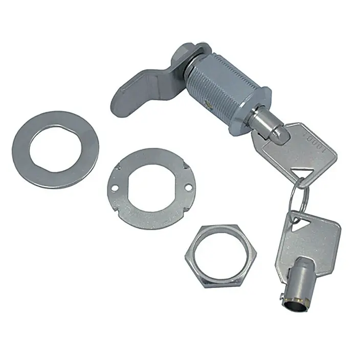 Marinetech Schloss - Ø x L: 18 x 42 mm, Edelstahl, A2 - Ein Schrankschloss-Set mit zwei Schlüsseln, einer Drehsperre, einer Unterlegscheibe, einer sternförmigen Unterlegscheibe und einer Mutter.