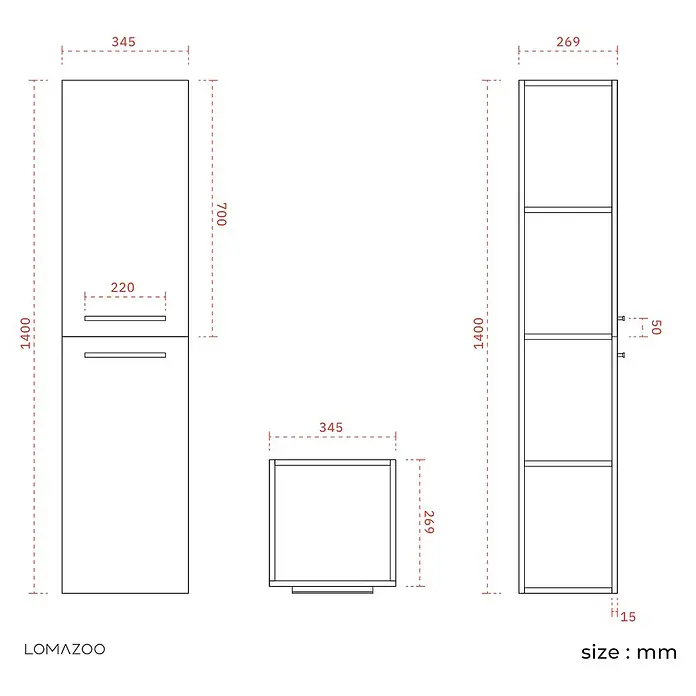 LOMAZOO Hochschrank Lanello 140 cm Eiche hell -  - Hoher, schmaler Lagerschrank mit Türen und Regalen. Maße: 1400x345x269mm. Ein kleineres Modul ist ebenfalls abgebildet.
