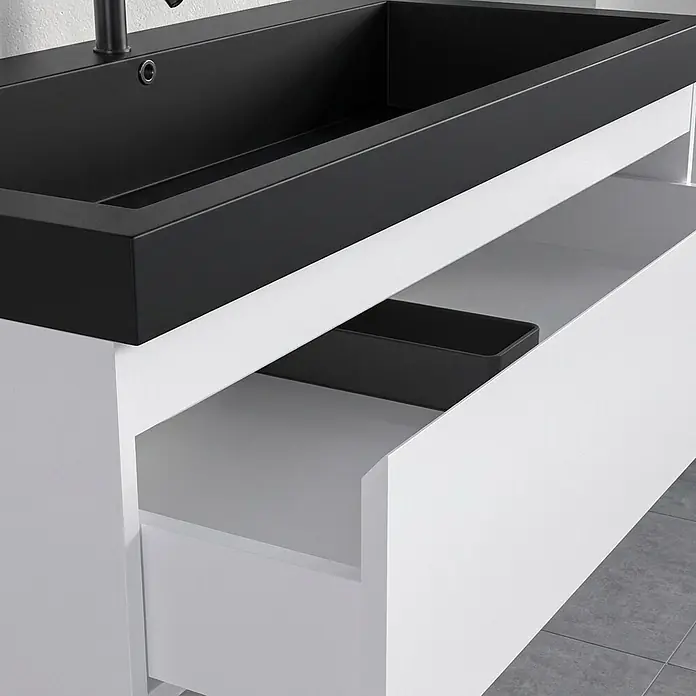 LOMAZOO Badmöbel Monaco 100 cm Weiß glänzend, Waschbecken Schwarz -  - Schwarzes rechteckiges Waschbecken auf einem weißen Waschtisch mit geöffneter Schublade und schwarzer Ablage.