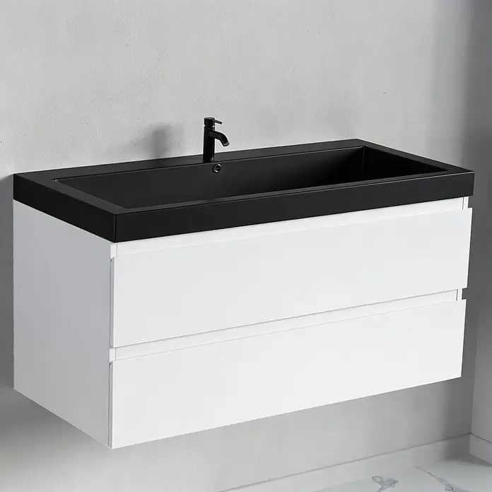 LOMAZOO Badmöbel Monaco 100 cm Weiß glänzend, Waschbecken Schwarz -  - Weißer schwebender Badezimmerschrank mit zwei Schubladen, integriertem schwarzem Waschbecken und schwarzem Wasserhahn.