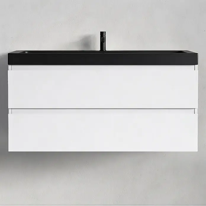 LOMAZOO Badmöbel Monaco 100 cm Weiß glänzend, Waschbecken Schwarz -  - Wandhängender Waschtisch mit schwarzem integriertem Waschbecken und Armatur, zwei weißen Schubladen.