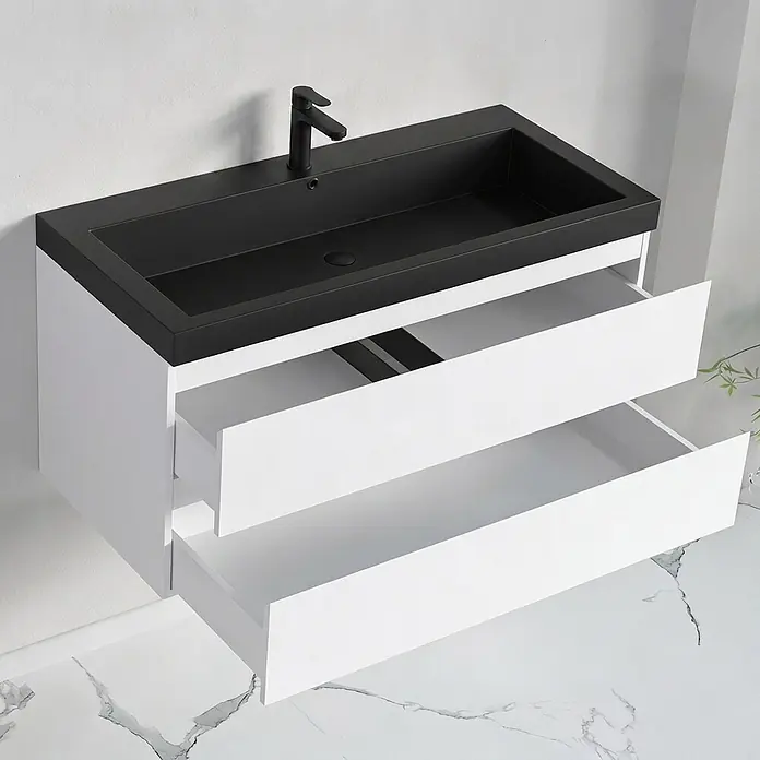 LOMAZOO Badmöbel Monaco 100 cm Weiß glänzend, Waschbecken Schwarz -  - Wandmontierter Waschtischunterschrank mit schwarzem Waschbecken und Armatur, zwei offene weiße Schubladen.