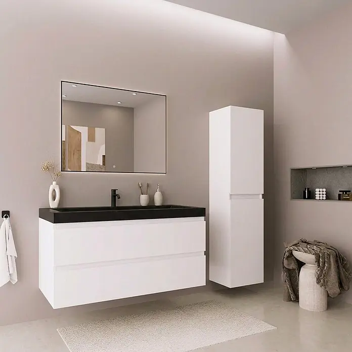 LOMAZOO Badmöbel-Set Avalon 100 cm Weiß glänzend, Waschbecken Schwarz -  - Modernes Badezimmer mit schwebendem weißem Waschtisch, schwarzem Waschbecken, beleuchtetem Spiegel und hohem weißem Schrank.