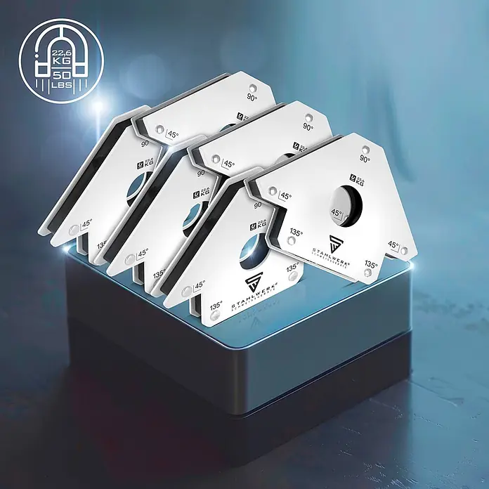 STAHLWERK 6 x Magnet-Schweißwinkel 45° x 90° x 135°, 22,6 kg / 50 lbs 6er Set - 