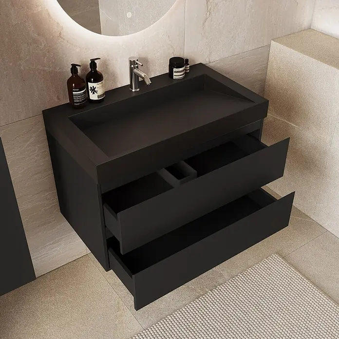 LOMAZOO Badmöbel Zarivo 80 cm Schwarz matt, Waschbecken Schwarz -  - Mattschwarzer Badezimmer-Waschtisch mit integriertem Waschbecken und zwei geöffneten Schubladen, der Stauraum zeigt.