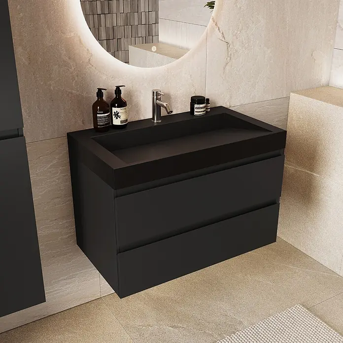 LOMAZOO Badmöbel Zarivo 80 cm Schwarz matt, Waschbecken Schwarz -  - Schwarzer schwebender Badunterschrank mit integriertem Waschbecken und zwei Schubladen.