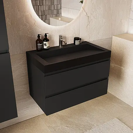 LOMAZOO Badmöbel Zarivo 80 cm Schwarz matt, Waschbecken Schwarz