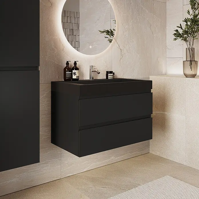 LOMAZOO Badmöbel Zarivo 80 cm Schwarz matt, Waschbecken Schwarz -  - Schwarzer schwebender Badezimmerschrank mit zwei Schubladen und passendem Hochschrank in einem modernen Bad.