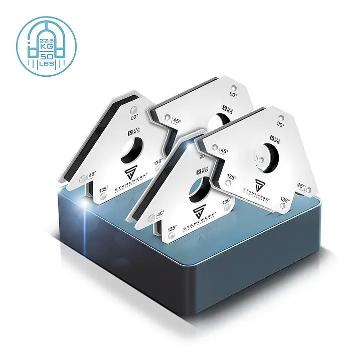 STAHLWERK 4 x Magnet-Schweißwinkel 45° x 90° x 135°, 22,6 kg / 50 lbs 4er Set -  - Vier silberne STAHLWERK Magnetschweißwinkel für 45°-, 90°- und 135°-Winkel, mit 22,6 kg / 50 lbs Haltekraft.