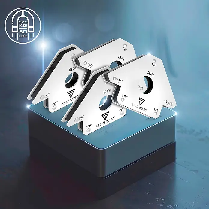 STAHLWERK 4 x Magnet-Schweißwinkel 45° x 90° x 135°, 22,6 kg / 50 lbs 4er Set -  - Set silberner magnetischer Schweißwinkel, dreieckig, mit 45°, 90°, 135° Winkeln und 22,6 kg / 50 lbs Haltekraft.