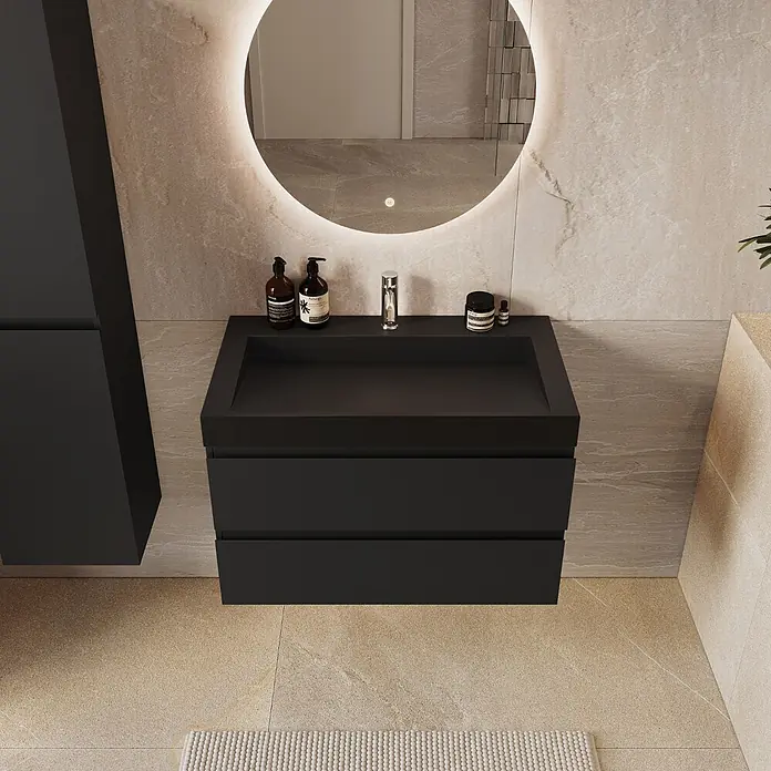 LOMAZOO Badmöbel Zarivo 80 cm Schwarz matt, Waschbecken Schwarz -  - Matte schwarze, wandmontierte Badmöbel mit integriertem Waschbecken und zwei Schubladen unter einem beleuchteten runden Spiegel.