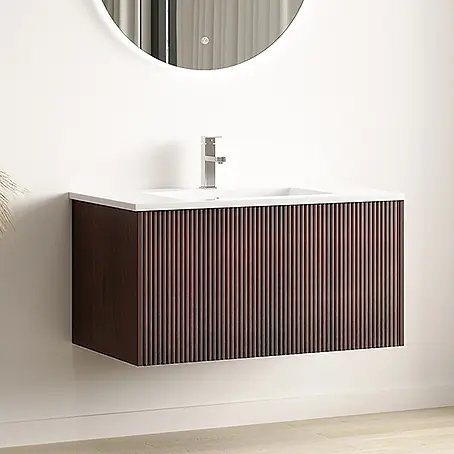 LOMAZOO Badmöbel Sovina 80 cm Nussbaum Rillenfront, Waschbecken Weiß