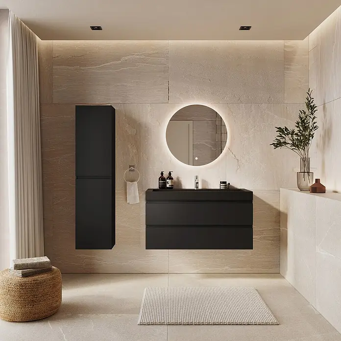 LOMAZOO Badmöbel Zarivo 100 cm Schwarz matt, Waschbecken Schwarz -  - Schwarzer schwebender Badunterschrank und Hochschrank mit beleuchtetem Rundspiegel in einem modernen Badezimmer.