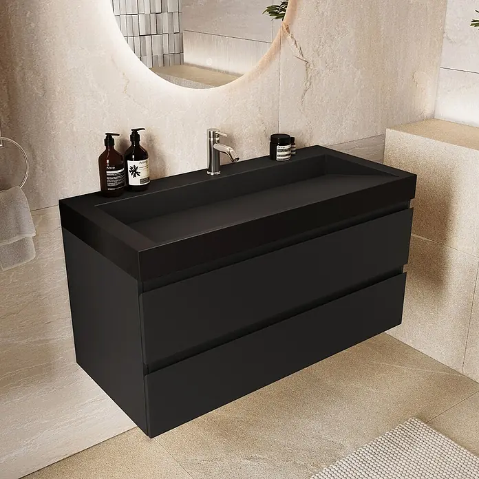 LOMAZOO Badmöbel Zarivo 100 cm Schwarz matt, Waschbecken Schwarz -  - Schwarzer schwebender Badunterschrank mit integriertem Waschbecken und zwei Schubladen in einem modernen Bad.