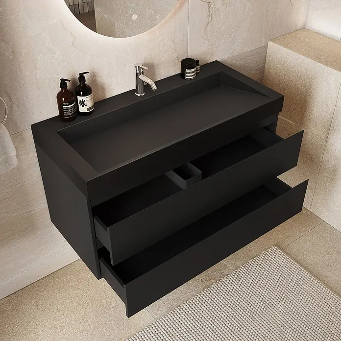 LOMAZOO Badmöbel Zarivo 100 cm Schwarz matt, Waschbecken Schwarz -  - Schwarzer matter Badezimmerschrank mit integriertem Waschbecken und zwei offenen Schubladen im modernen Bad.