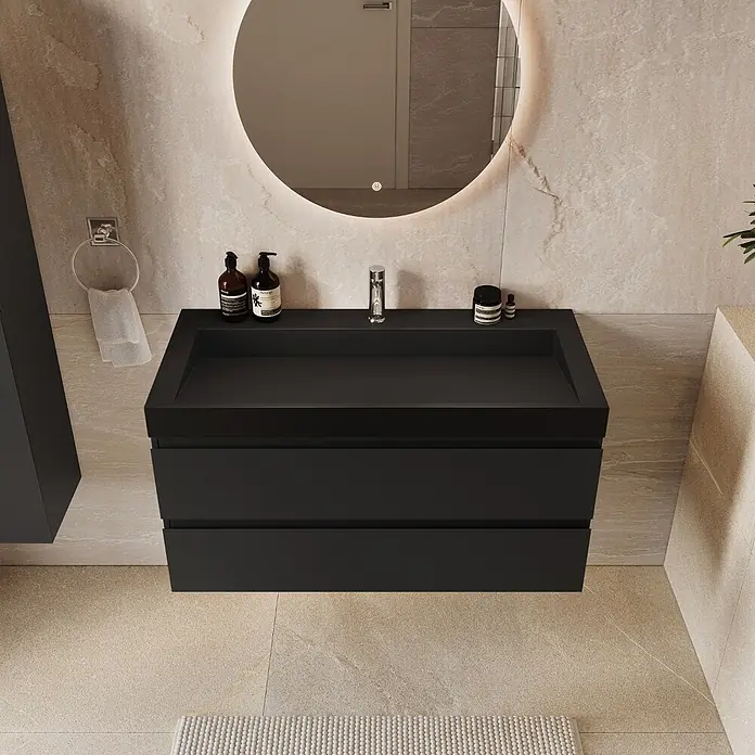 LOMAZOO Badmöbel Zarivo 100 cm Schwarz matt, Waschbecken Schwarz -  - Schwarzer schwebender Badunterschrank mit integriertem Waschbecken und zwei Schubladen in modernem Bad.
